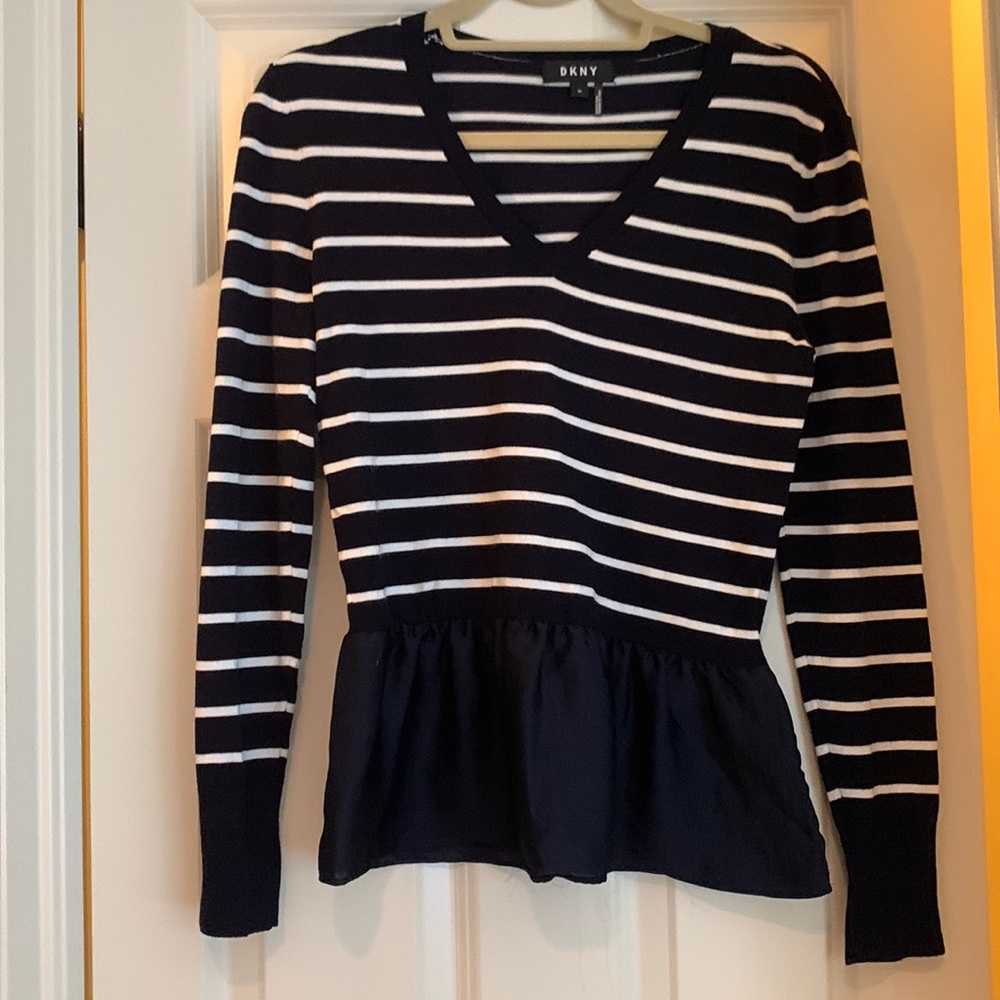 DKNY peplum lightweight sweater in navy and white, size XS.